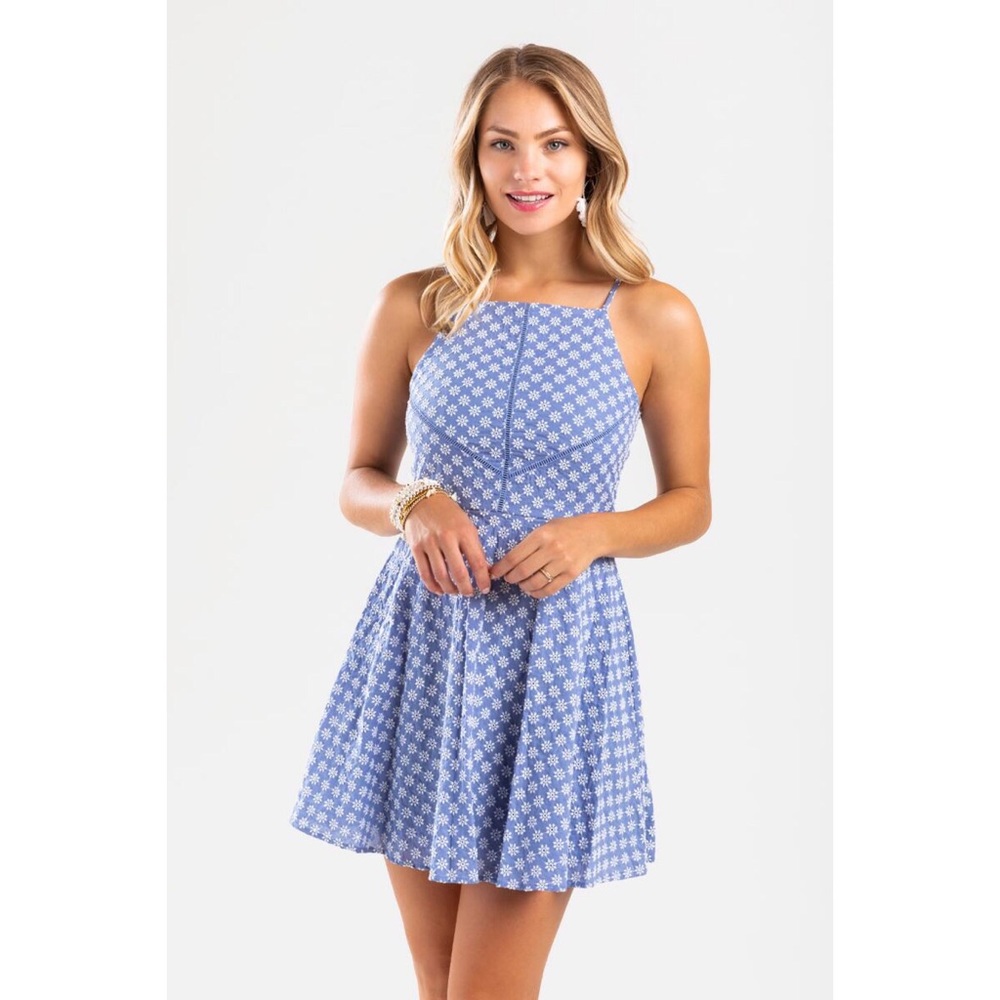 Francescas Chambray Emilee Eyelet Halter Dress